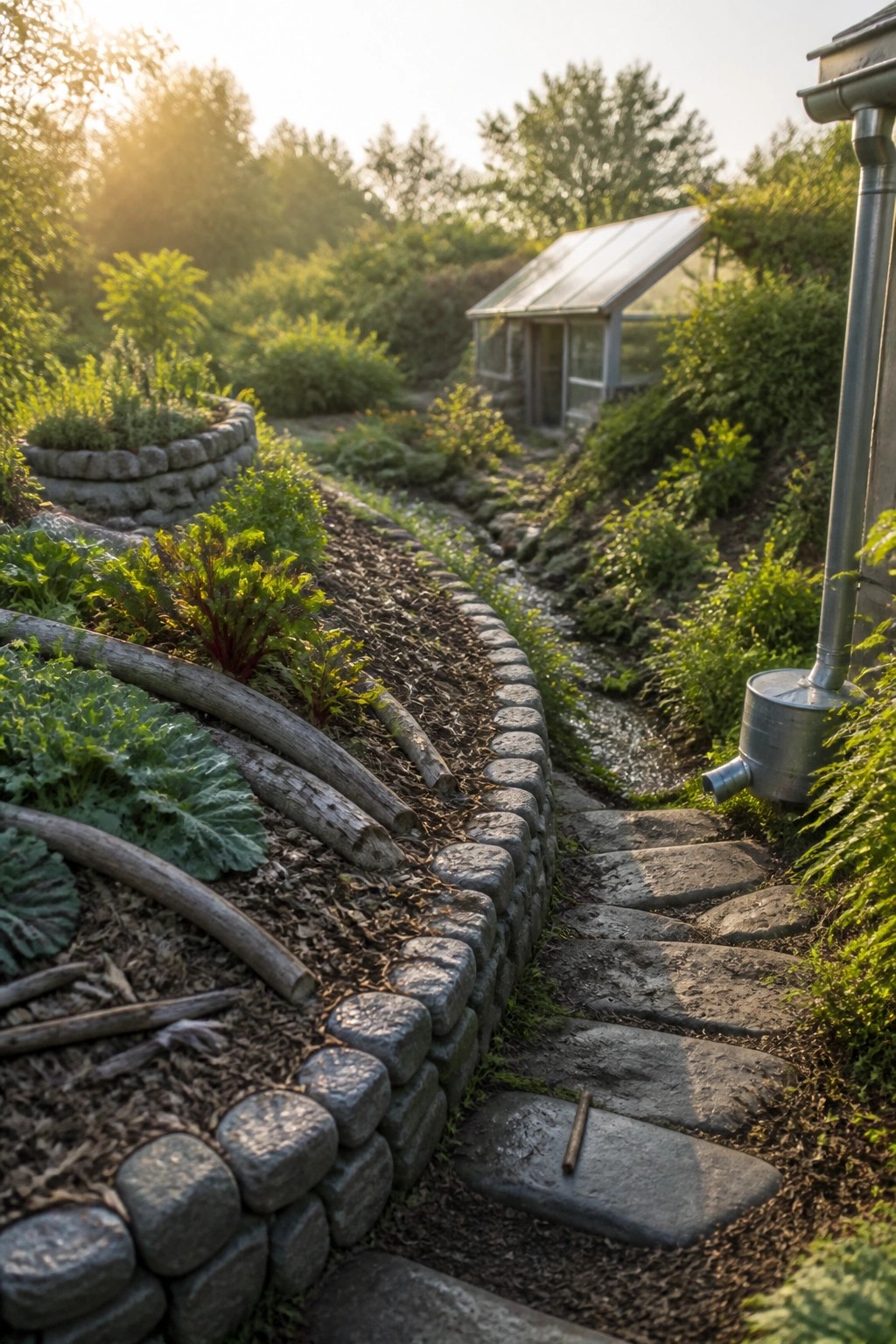 A garden scene showing curved raised beds edged with stacked gray stones, a winding stone path, and a greenhouse in the background.