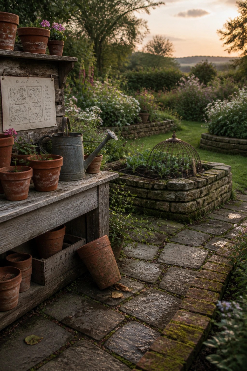 Rustic wooden bench with terracotta pots, watering can, and garden plan at sunset
