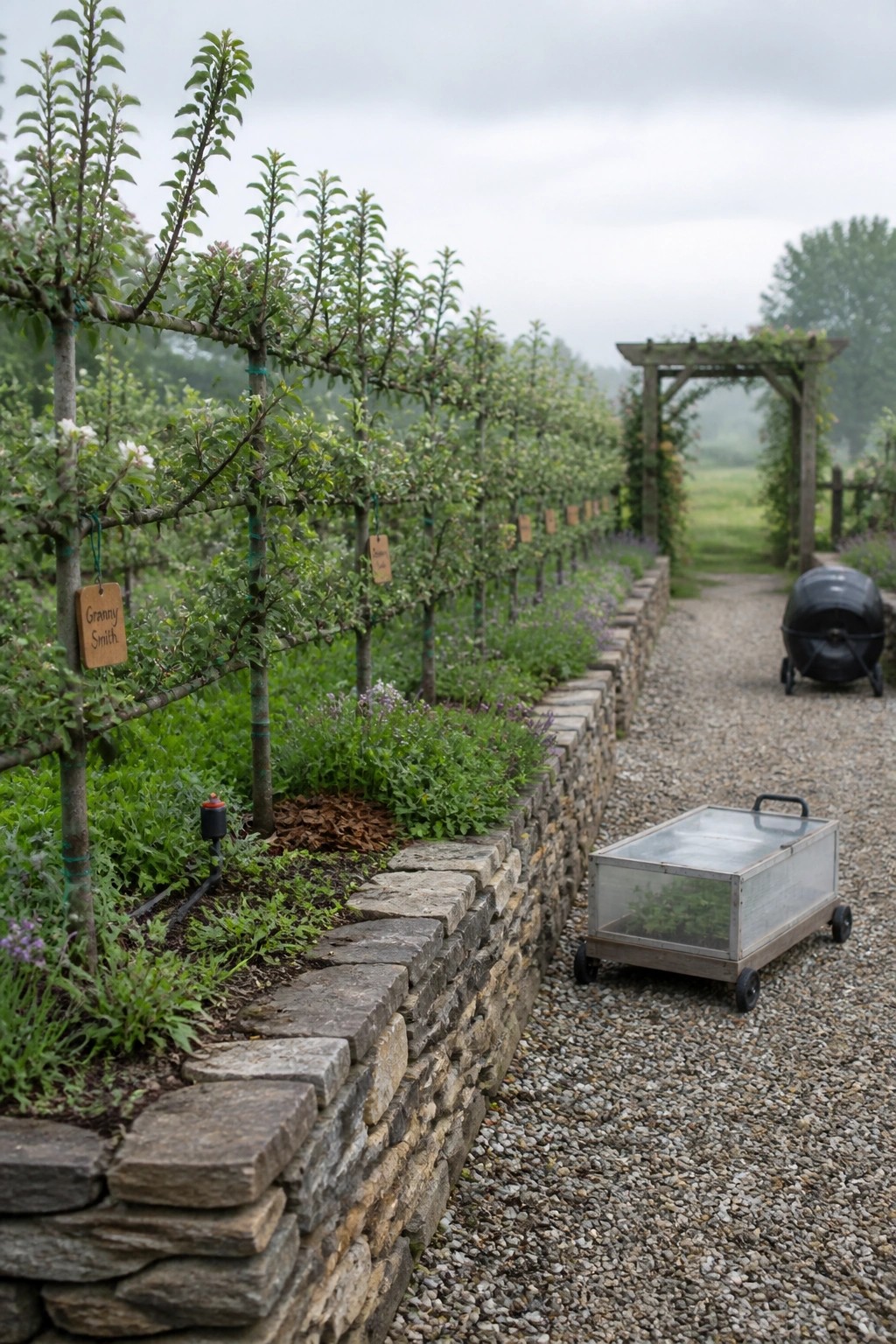 A gravel garden path runs beside raised beds bordered by low stacked stone walls, with young trees trained along wires and a wheeled glass-covered cart on the path.