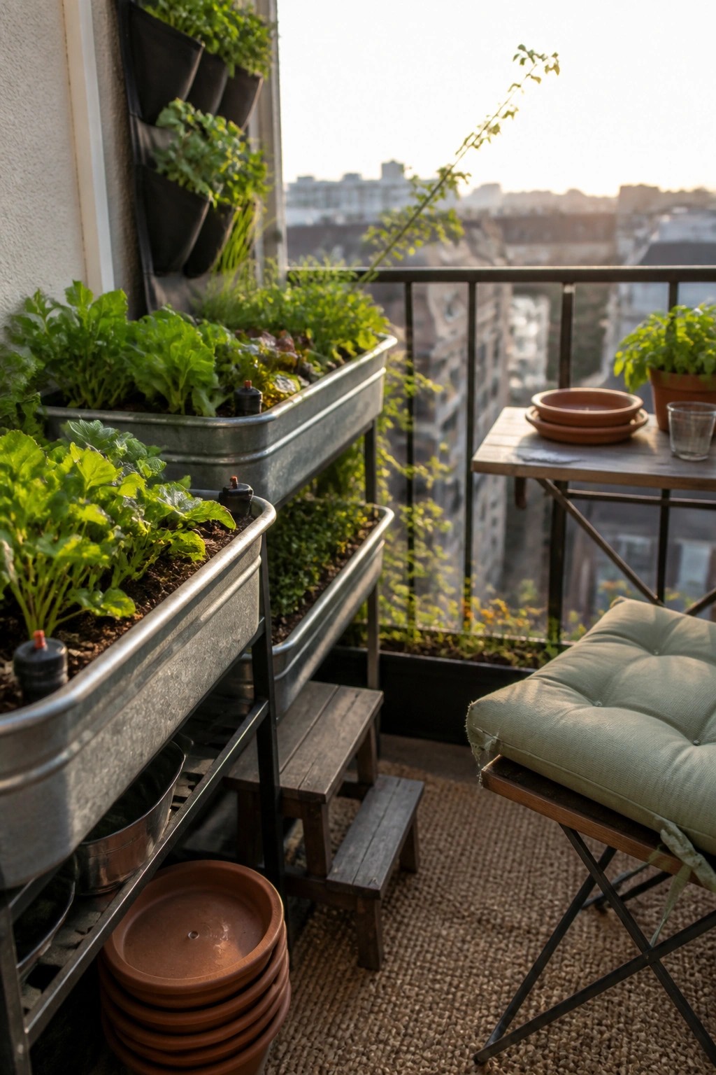 A balcony with several metal raised garden beds stacked on a stand, filled with leafy plants, next to a small wooden table and cushioned stool.