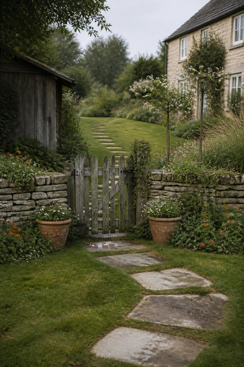 A weathered wooden gate stands open between low stone walls, with terracotta pots and a stone path leading into a grassy garden.