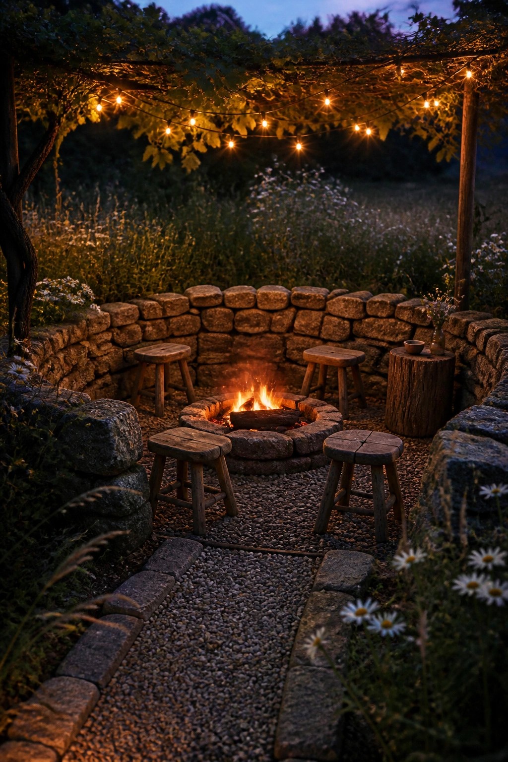 A circular stone fire pit with burning wood is surrounded by wooden stools inside a low curved stone wall, with string lights overhead and wildflowers growing around the edges.