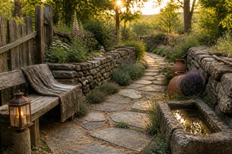 21 Rustic Garden Design Ideas Using Natural Stone, Weathered Wood, and Wild Planting A winding path of irregular stone slabs runs between low stone walls, with wild purple flowers, a wooden bench holding a gray blanket, and a lit lantern beside the path.