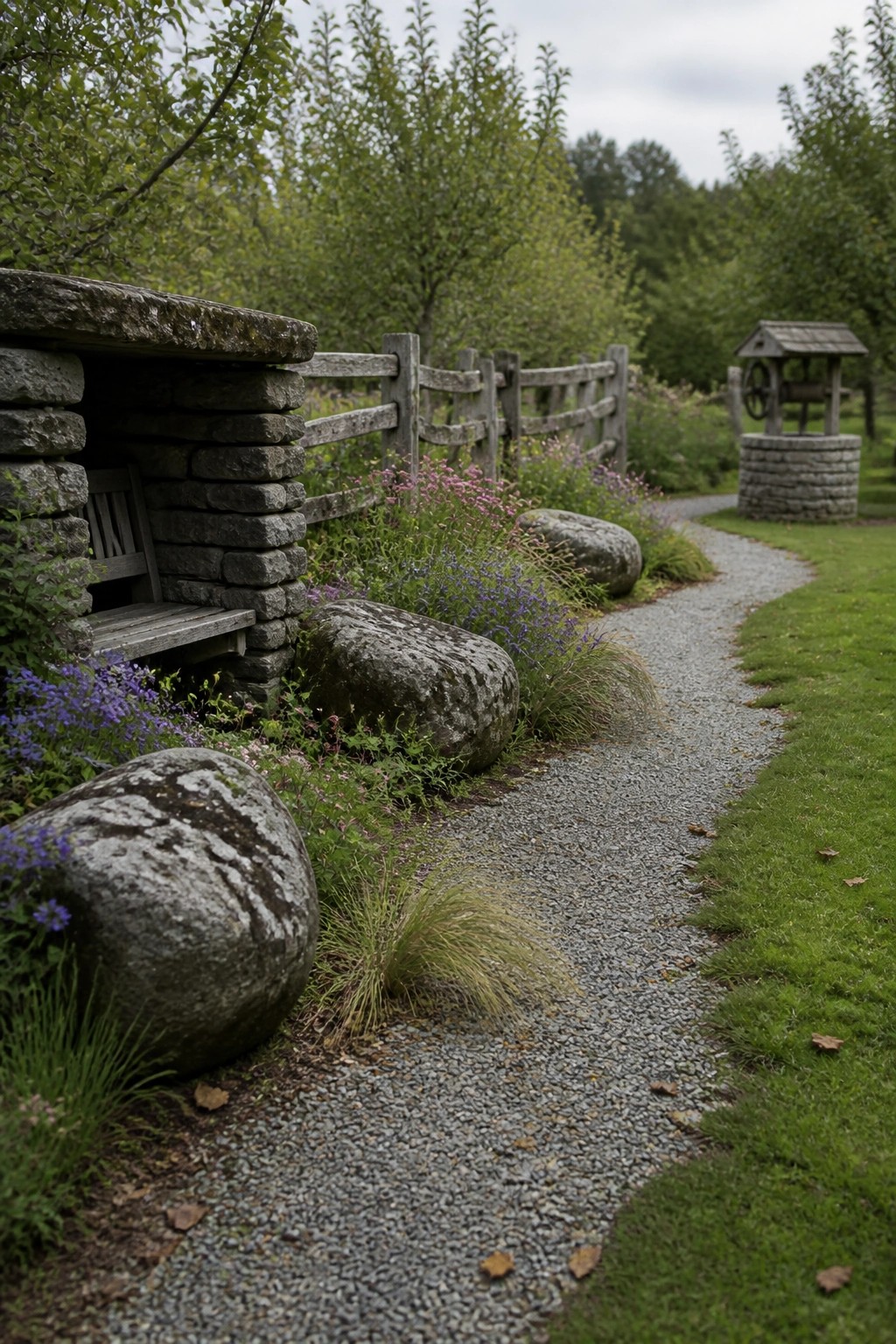 A gravel path curves through a garden lined with large stones, wildflowers, a wooden fence, and a stone structure with a bench on the left.