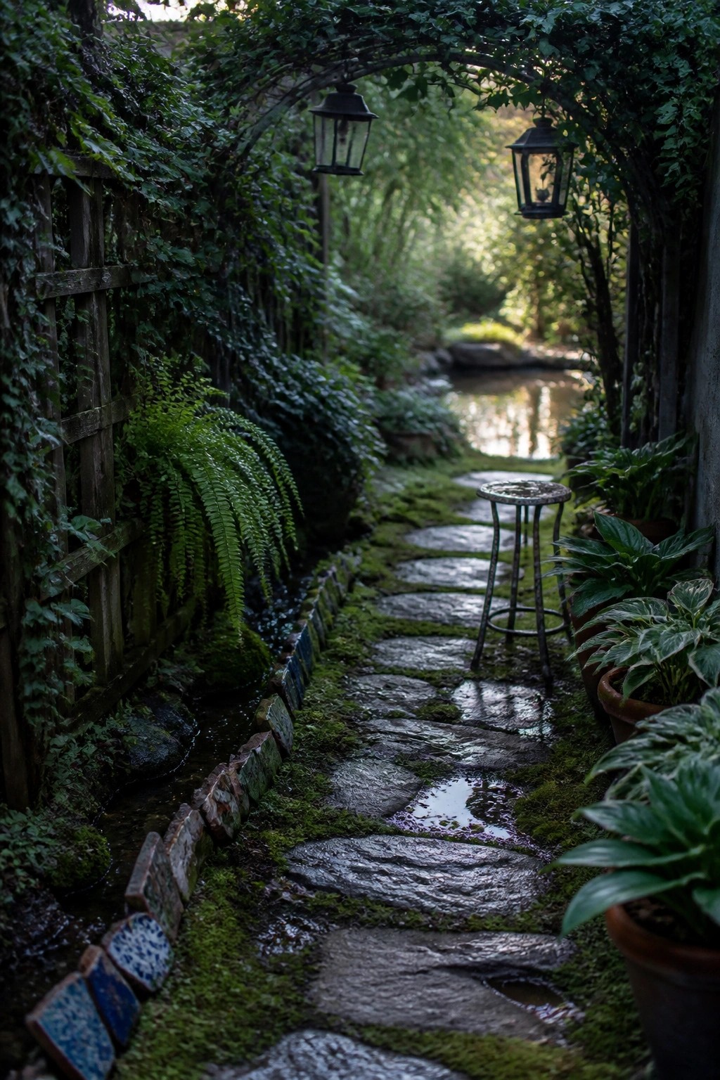 Lush mossy stone path under vine-covered arch with hanging lanterns and potted plants.