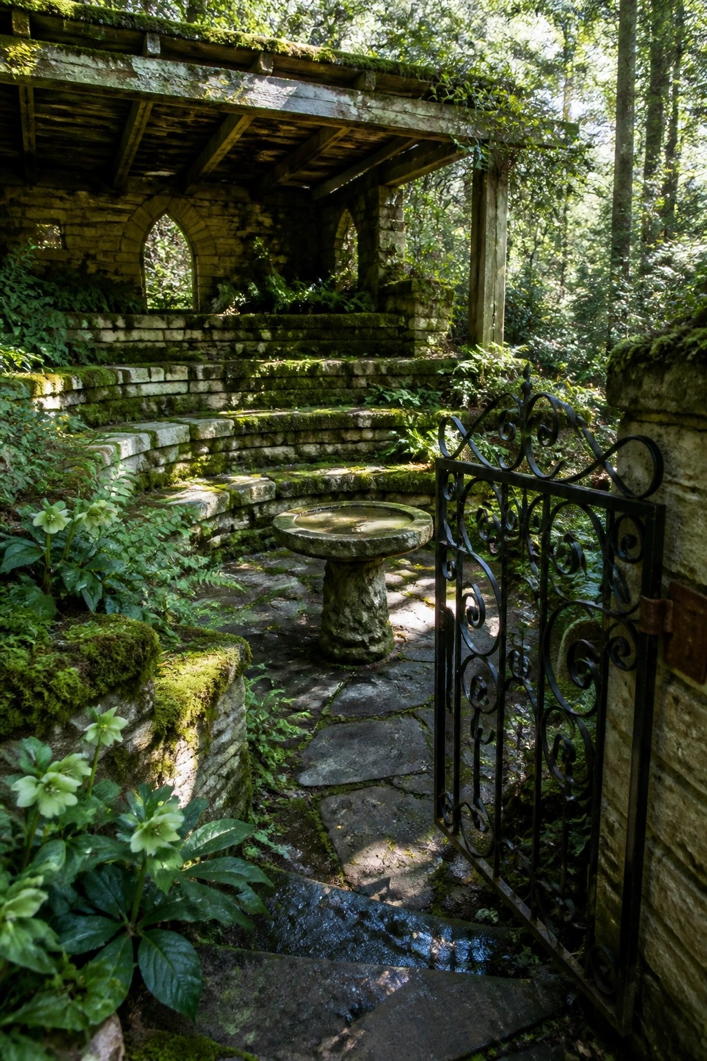 A moss-covered stone structure with curved steps surrounds a central stone birdbath, with an open wrought iron gate on the right and dense green plants growing throughout.