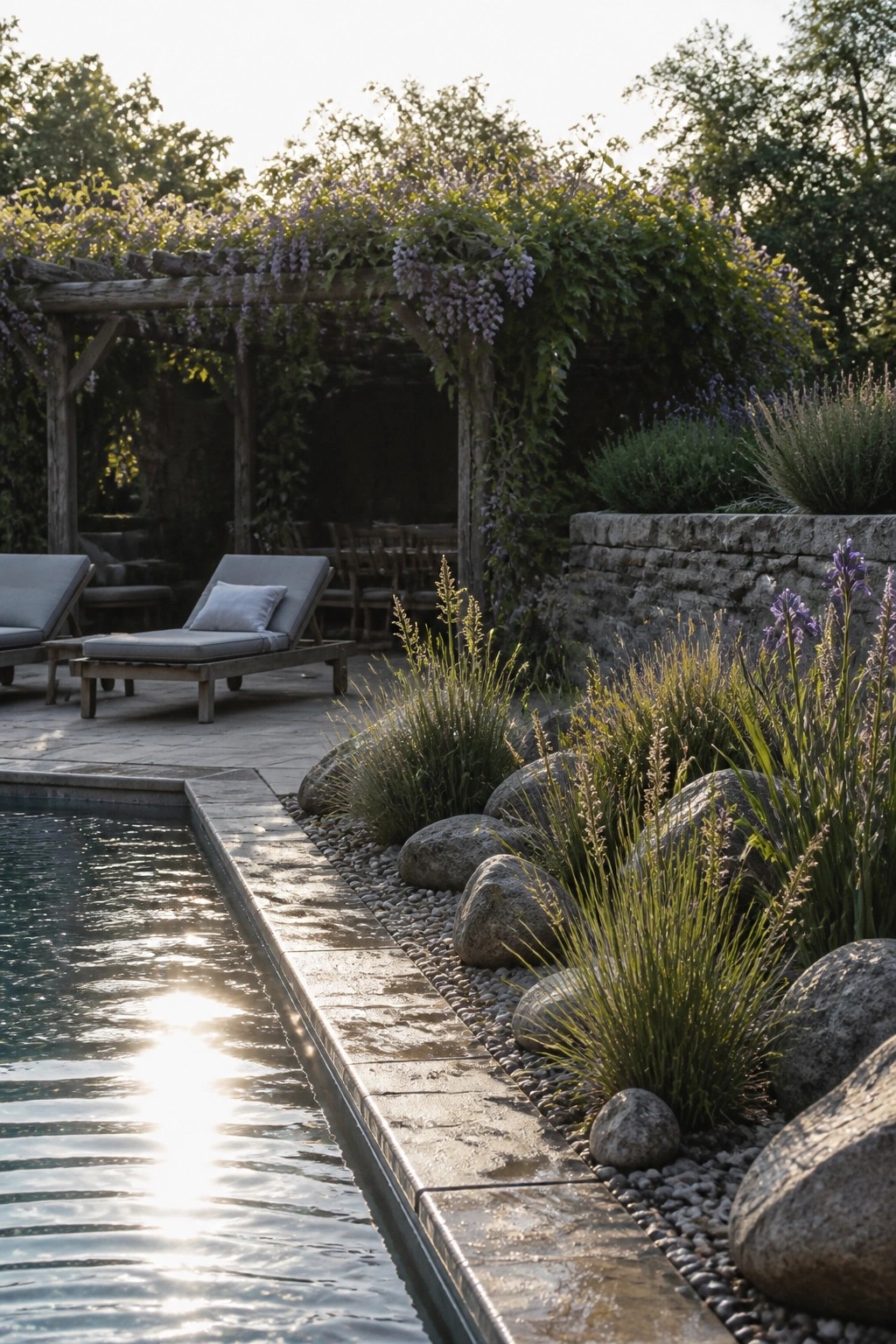 A pool edge bordered by large natural stones, gravel, and tall wild grasses with purple flowers, next to wooden lounge chairs under a pergola covered in wisteria.