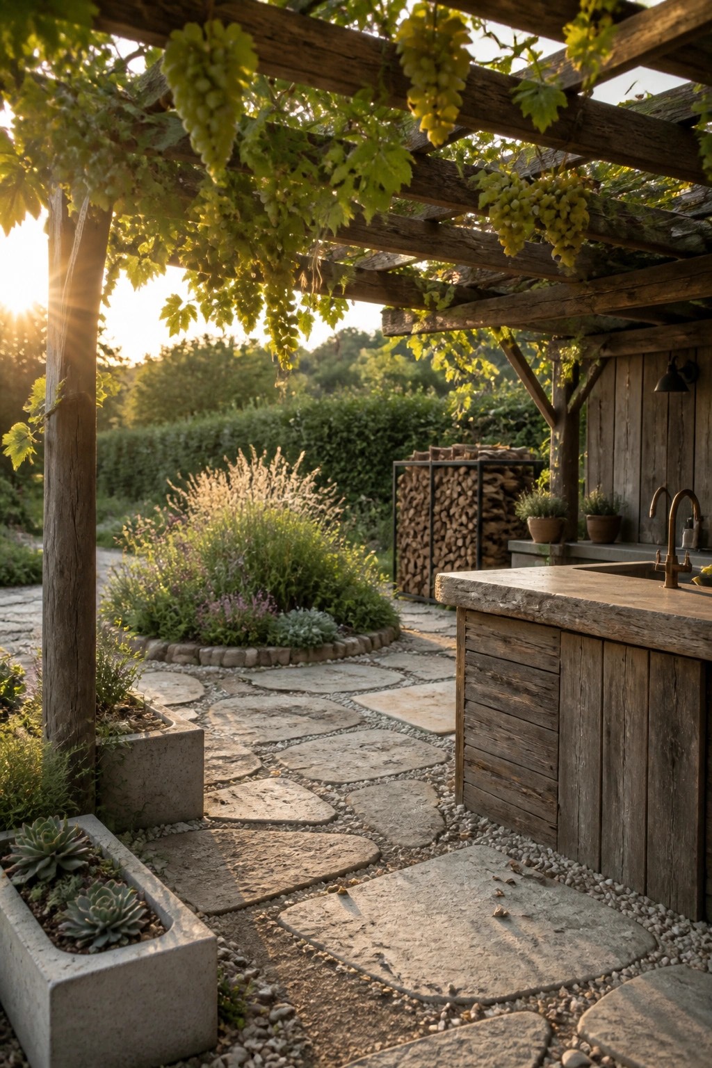 A rustic garden with an irregular stone pathway leading past a wooden pergola covered in grapevines and an outdoor wooden sink counter on the right.