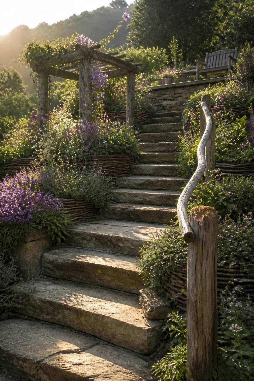 A set of rough stone garden steps with a twisted wooden handrail running along one side and purple wildflowers growing beside the steps.