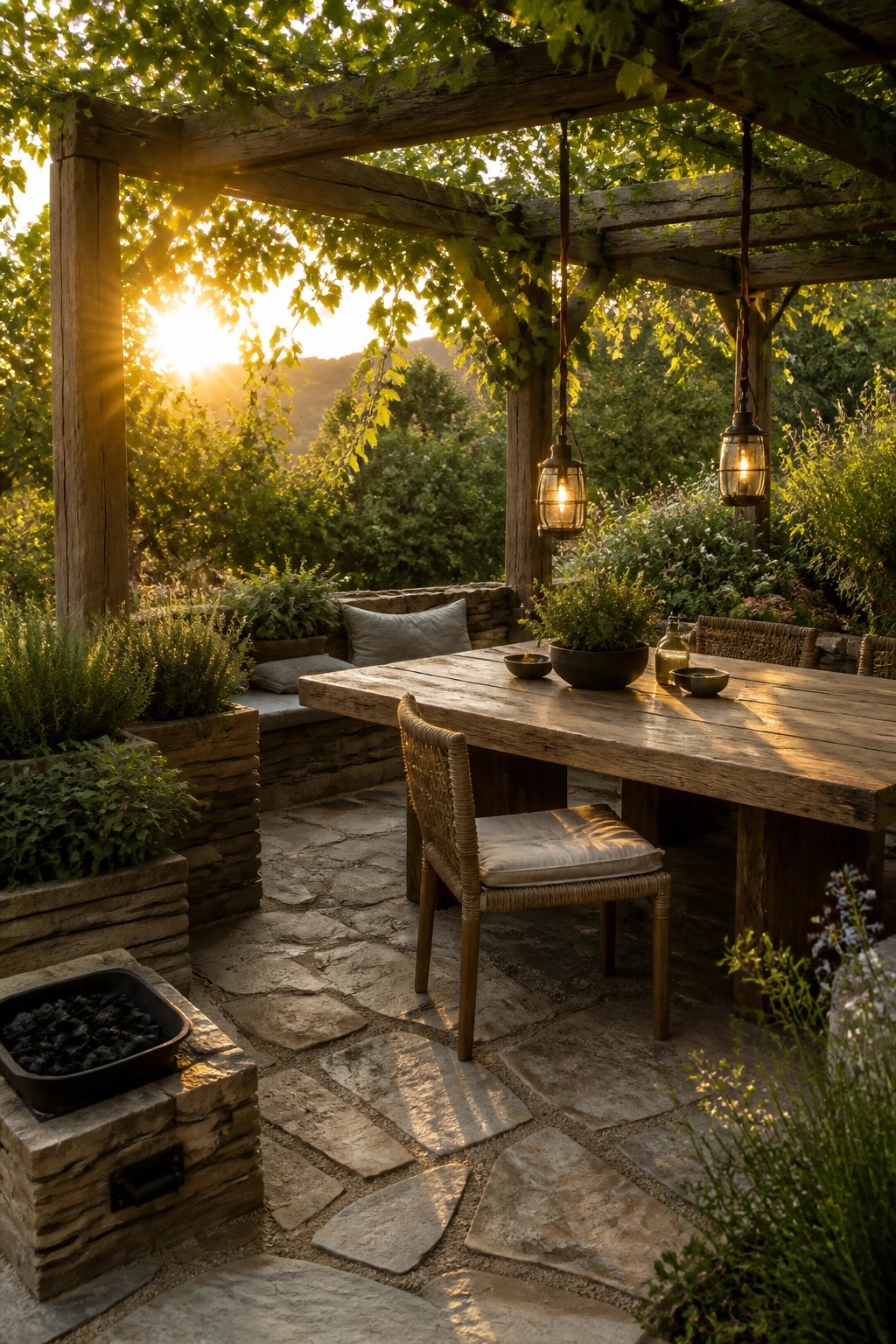 Rustic wooden table under vine-covered pergola at sunset with hanging lanterns