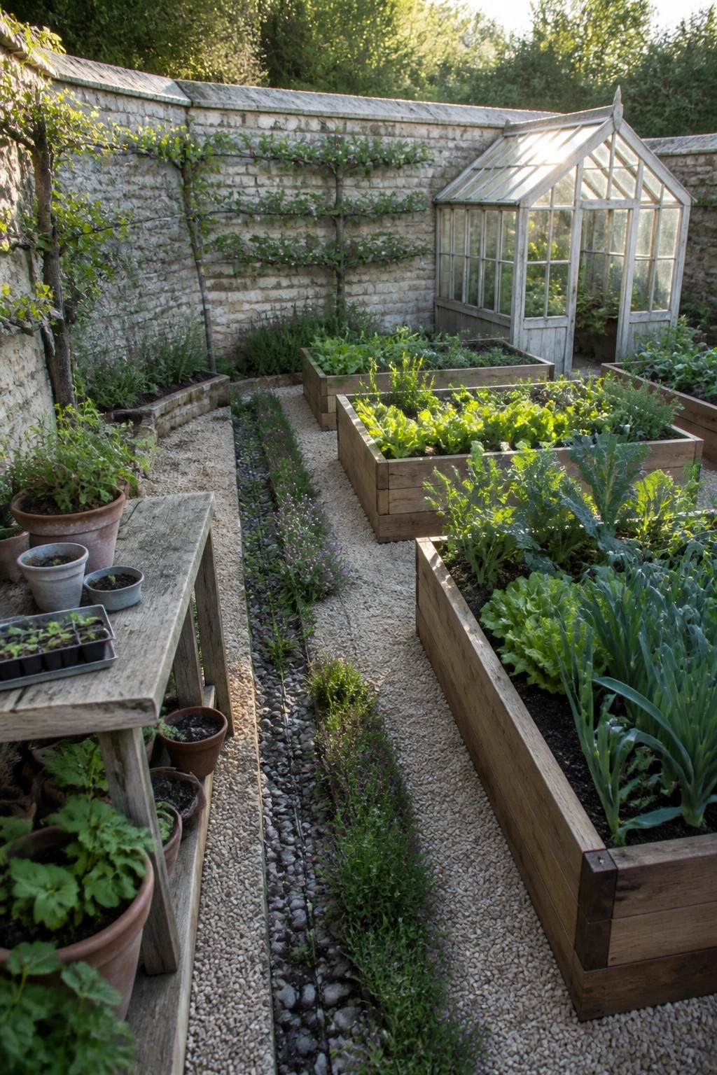 A garden with multiple wooden raised beds filled with vegetables and herbs, gravel paths running between them, and a stone wall with espaliered trees in the background.