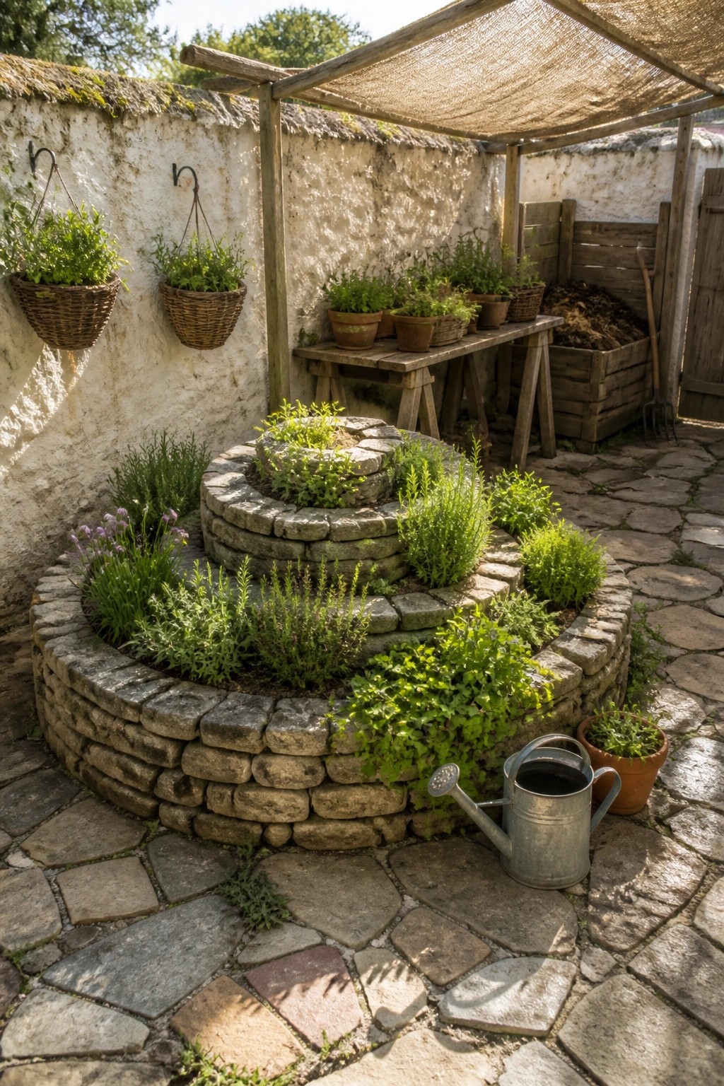 A garden corner with circular beds of stacked gray stone holding layered green plants and flowers, a stone path in front, and a wooden table with pots against a white wall.