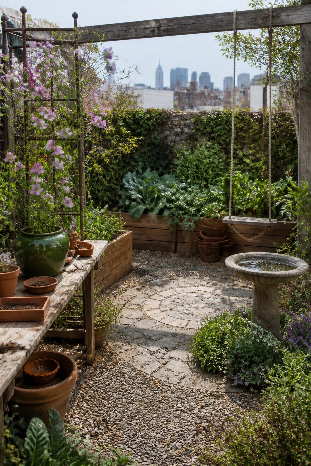 A gravel garden path featuring a circular arrangement of flat stones, bordered by wooden raised beds, potted plants, and a stone birdbath.