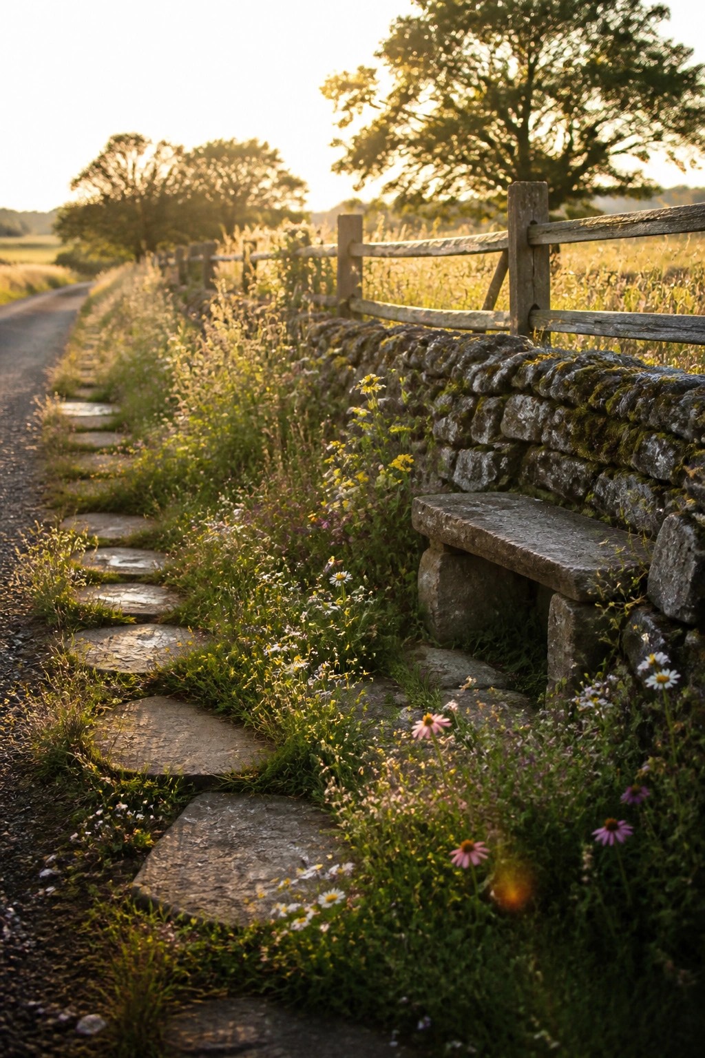 Winding stone path with wildflowers beside a bench on a mossy wall at sunset