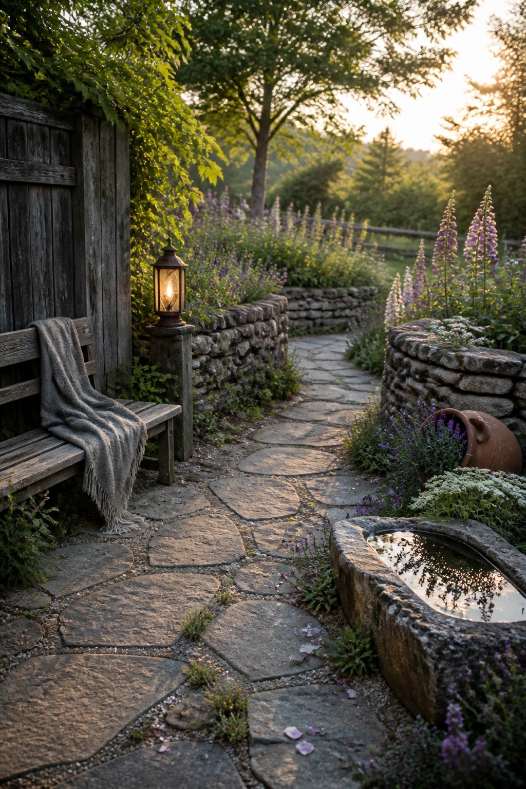 A winding path of irregular stone slabs runs between low stone walls, with wild purple flowers, a wooden bench holding a gray blanket, and a lit lantern beside the path.