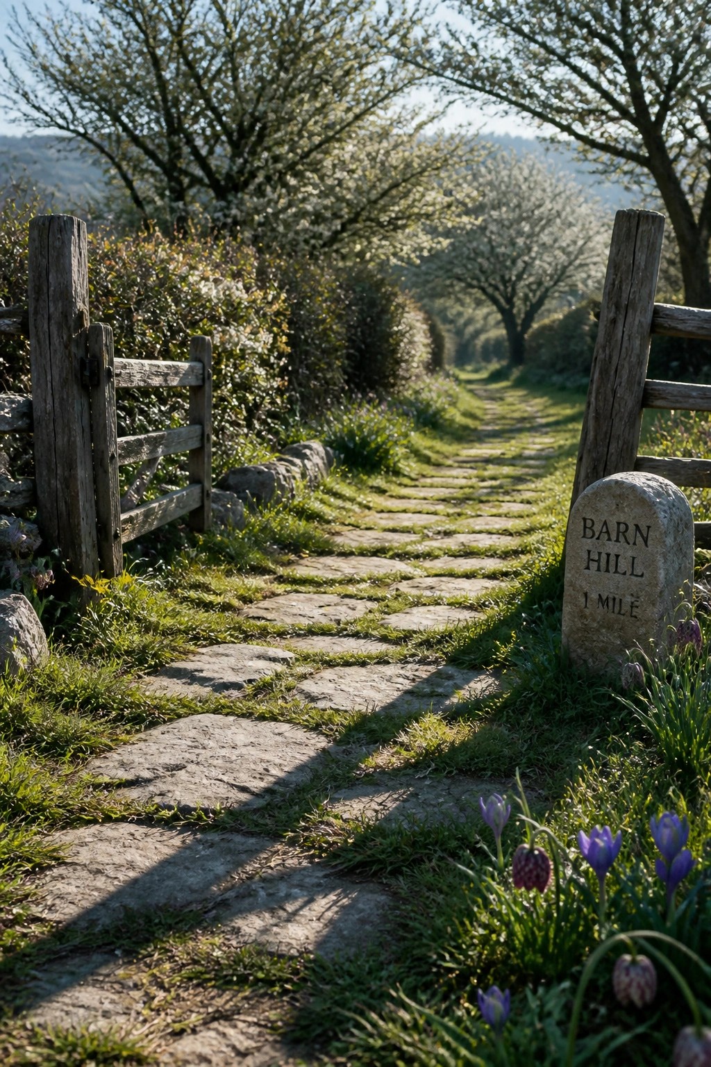 A winding path of irregular stone slabs passes between wooden fence posts with purple wildflowers growing along the edges.