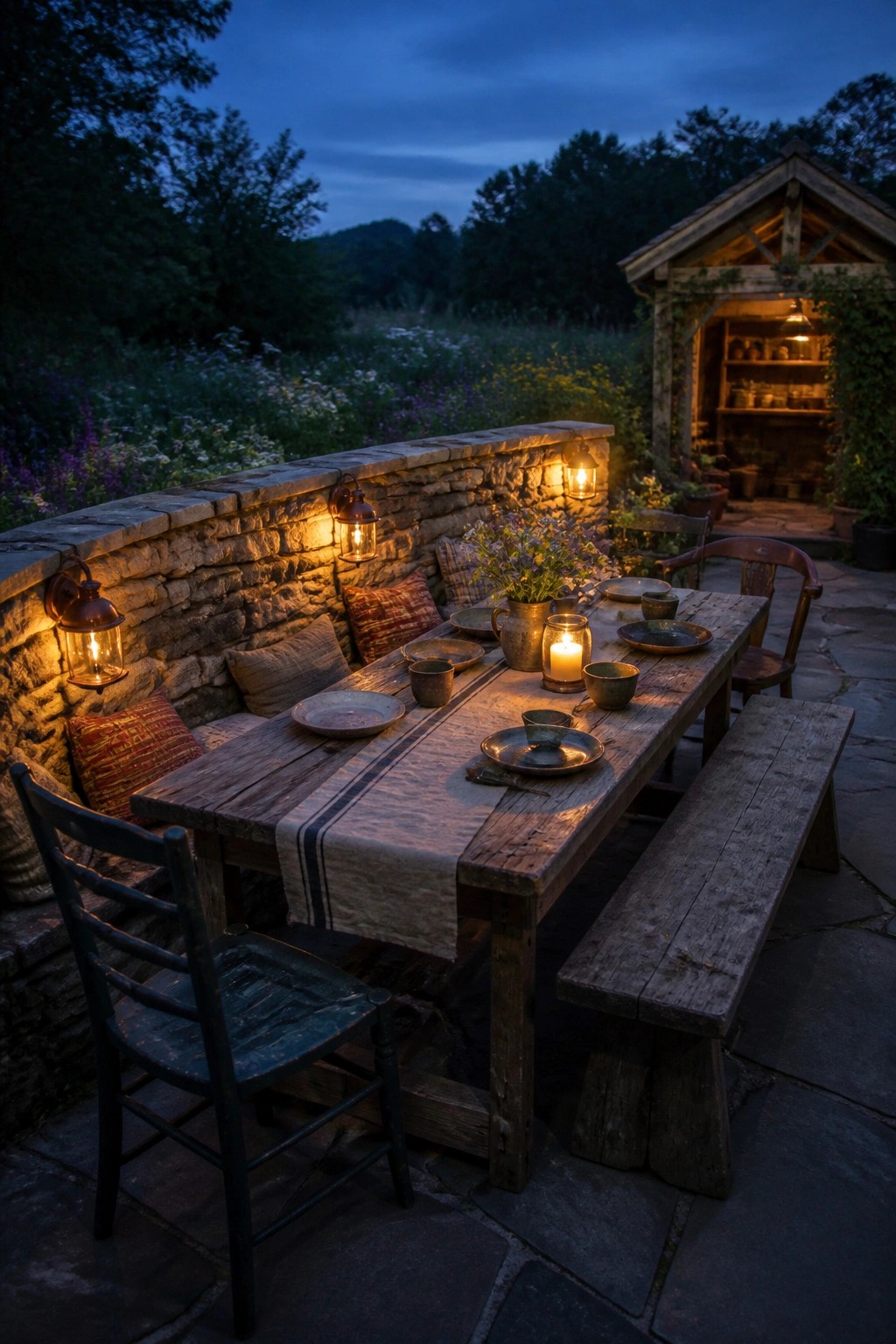 A long wooden dining table with benches and chairs sits on a stone patio next to a low stone wall lined with cushions and lanterns, with a rustic shed visible in the background at dusk.