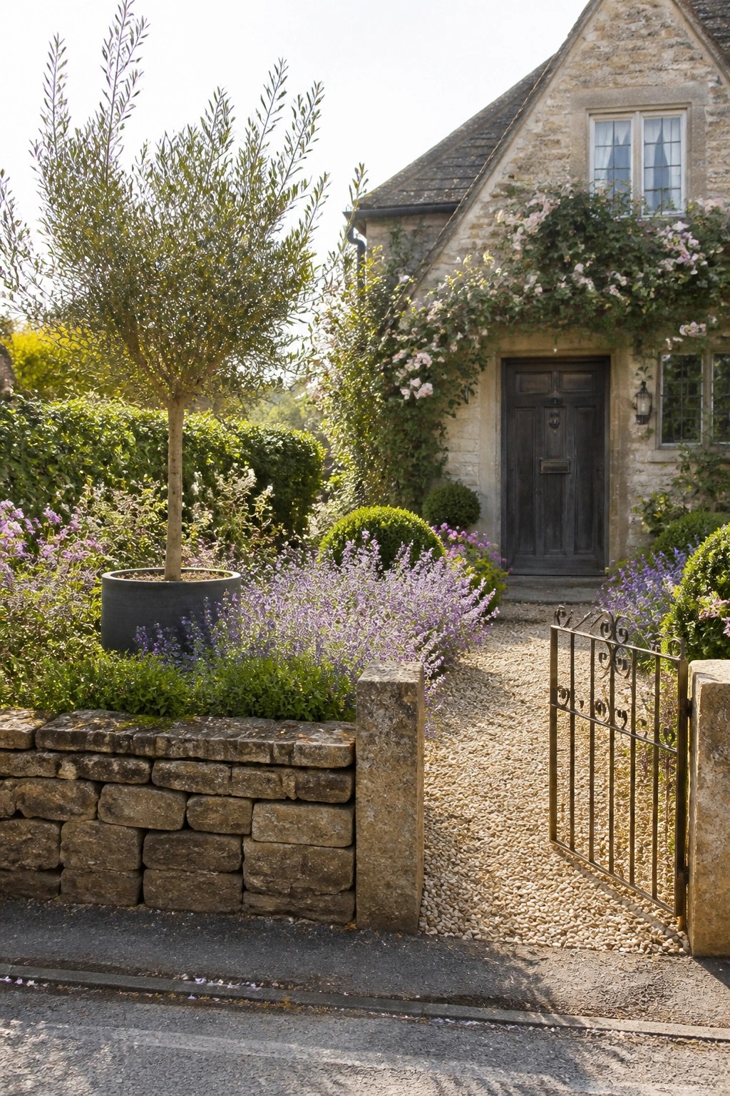 Stone cottage with dark door, climbing roses, potted tree, purple flowers, and iron gate