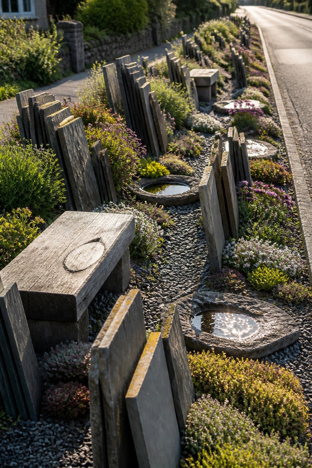 A roadside garden border lined with upright weathered wood planks, circular stone basins, gravel, and mixed low plants and flowers.