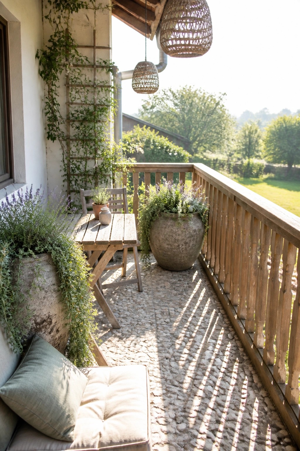 Wooden balcony with table, chairs, potted plants, hanging lamps, and countryside view.