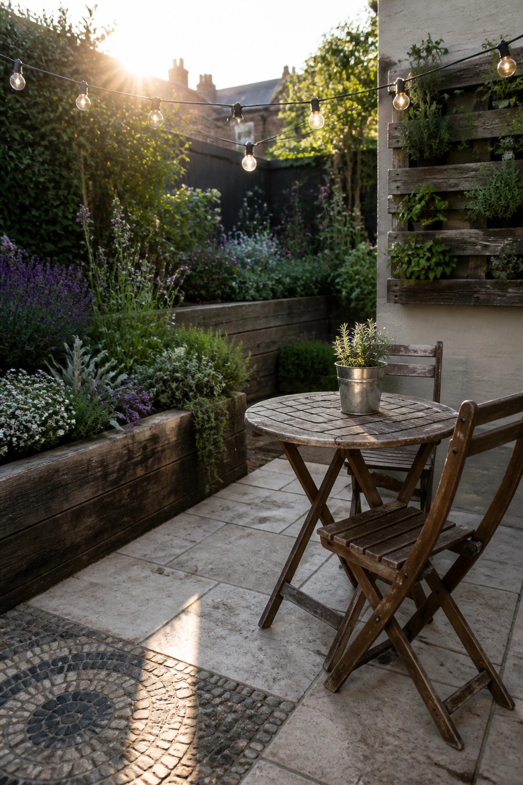 A small stone patio with a round wooden table and two folding wooden chairs, positioned beside raised wooden planters filled with herbs and flowers under string lights.