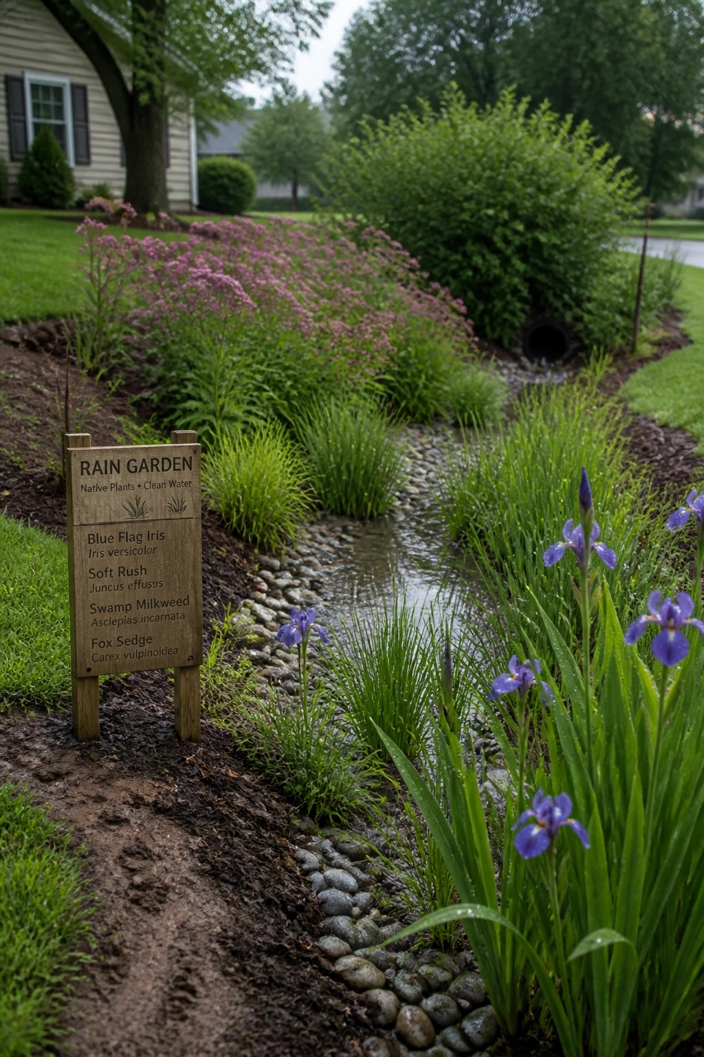 Rain garden sign beside stream with blooming purple irises and native plants
