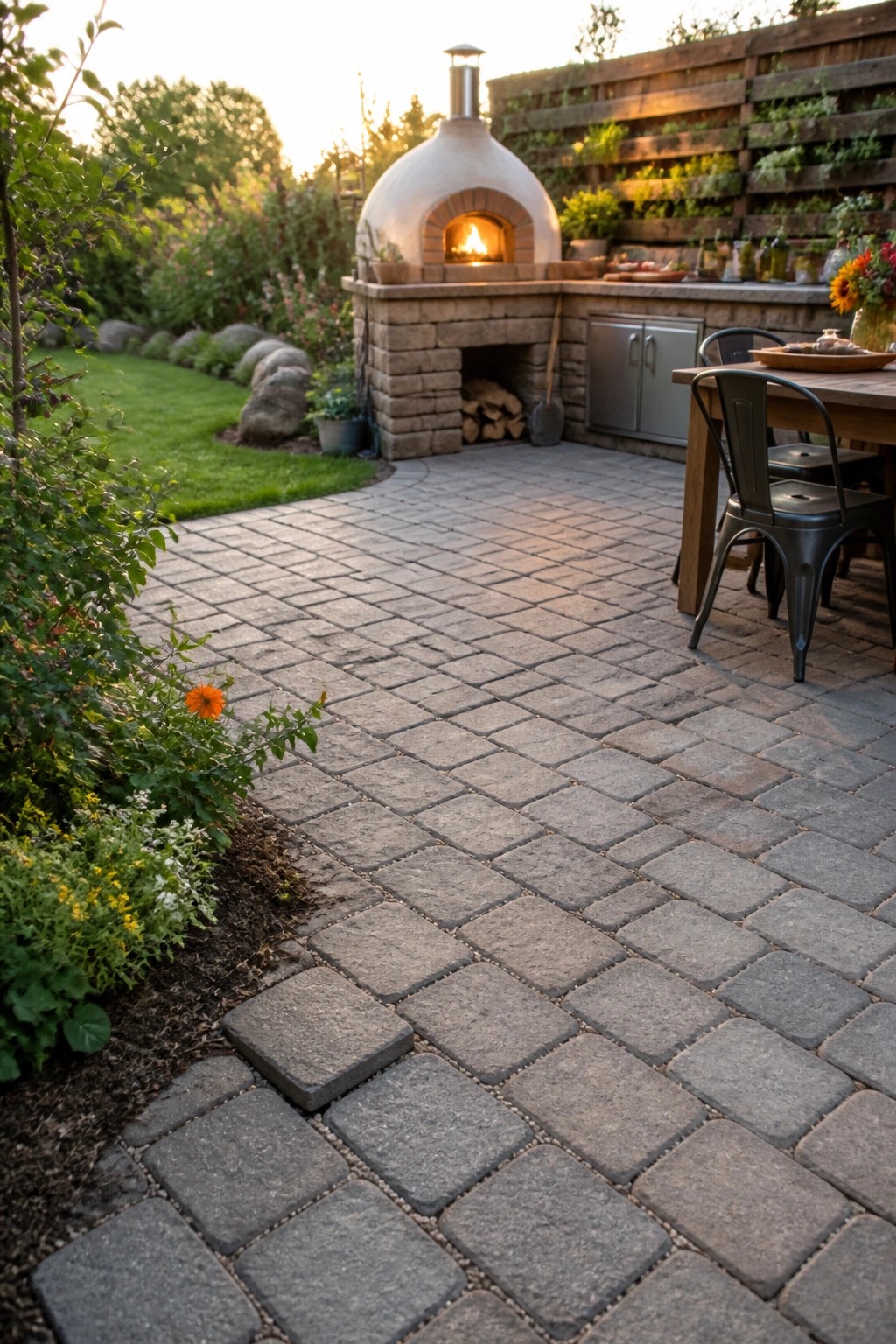 A stone pizza oven with a lit fire on a large paved patio next to a wooden table and chairs with garden beds visible on the side.