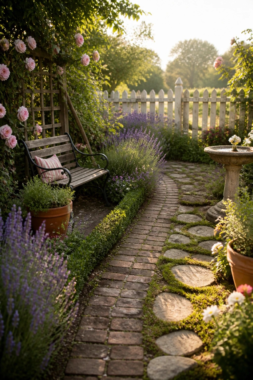 Garden path with bench, pink roses, lavender, stepping stones, and birdbath by fence.