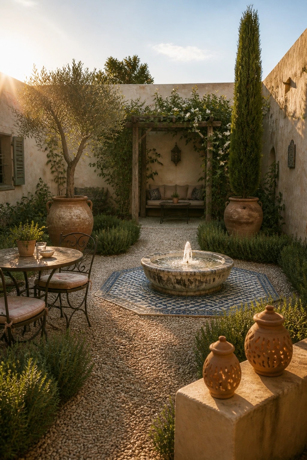 Sunlit Mediterranean courtyard with stone fountain, olive tree, terracotta pots, and gravel path.