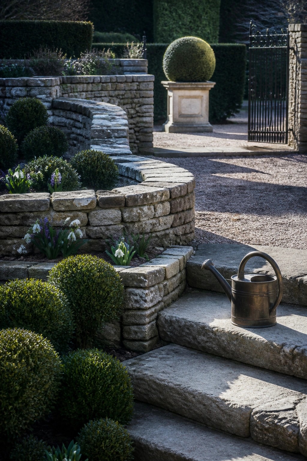 A garden with curved stone retaining walls forming raised beds planted with shrubs and flowers, next to stone steps with a metal watering can.