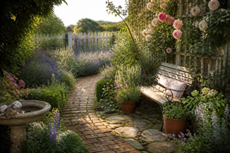 Garden path with bench, pink roses, lavender, stepping stones, and birdbath by fence.