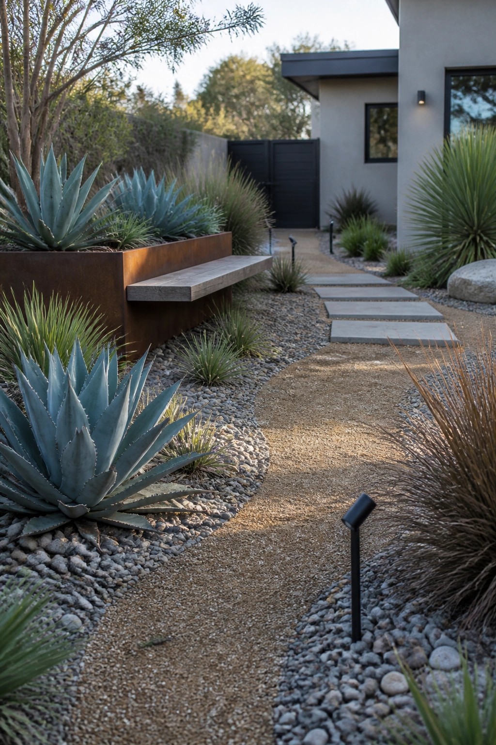 A curved garden path of gravel and rectangular stone pavers winds past large agave plants and grasses beside a modern house.