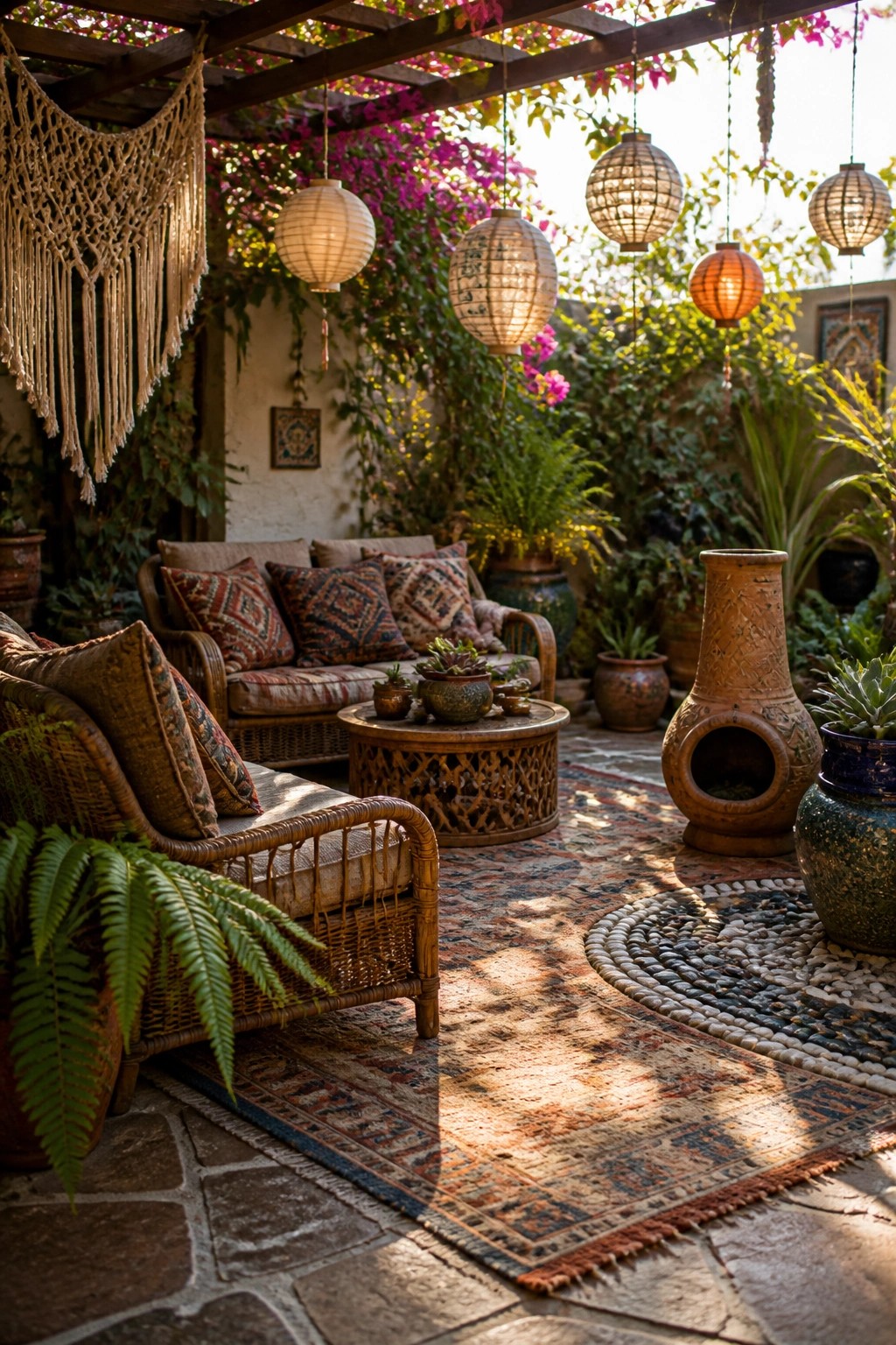 An outdoor patio with wicker furniture, patterned rugs, potted plants, and multiple hanging lanterns of different sizes suspended from a wooden pergola.