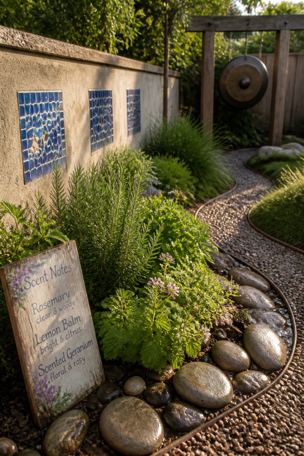 A gravel garden path bordered by smooth stones and green aromatic plants, with a wooden sign in the foreground listing scent notes for rosemary, lemon balm, and scented geranium.