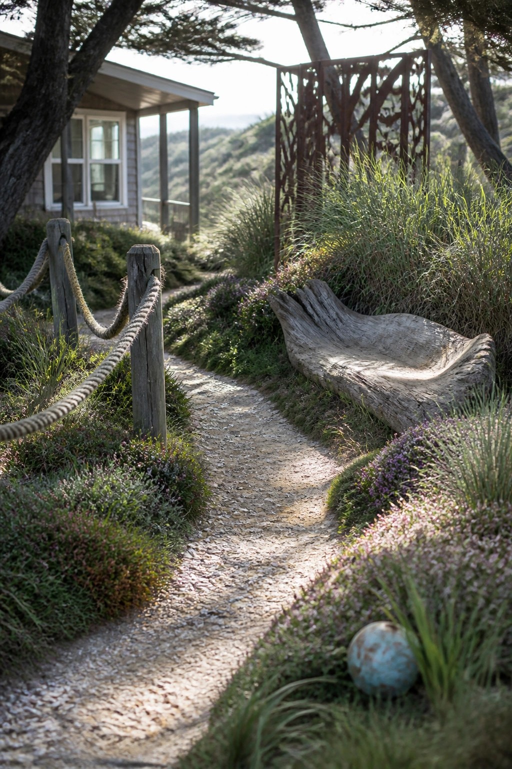 Gravel path beside rope fence, driftwood bench, metal screen, and hillside house