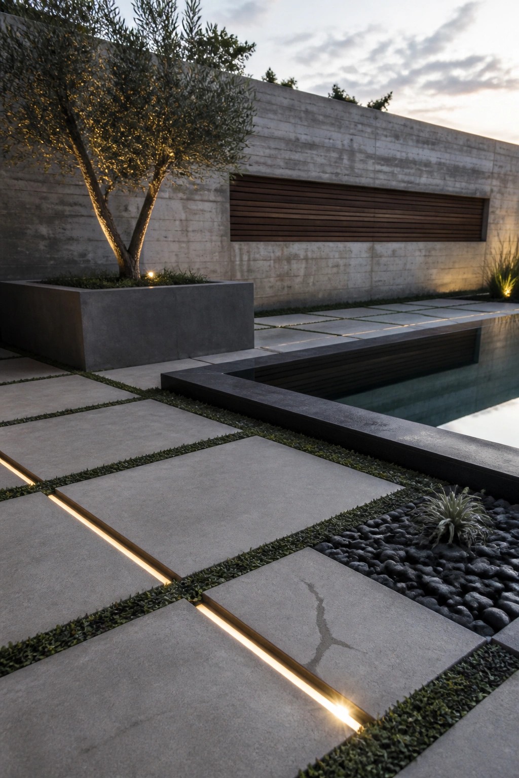 A modern garden shows large gray pavers with glowing linear lights set between them, next to a pool edge and dark gravel planting beds.