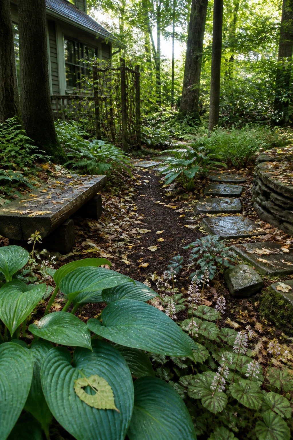 Lush forest path with stone steps beside a wooden cabin and bench.