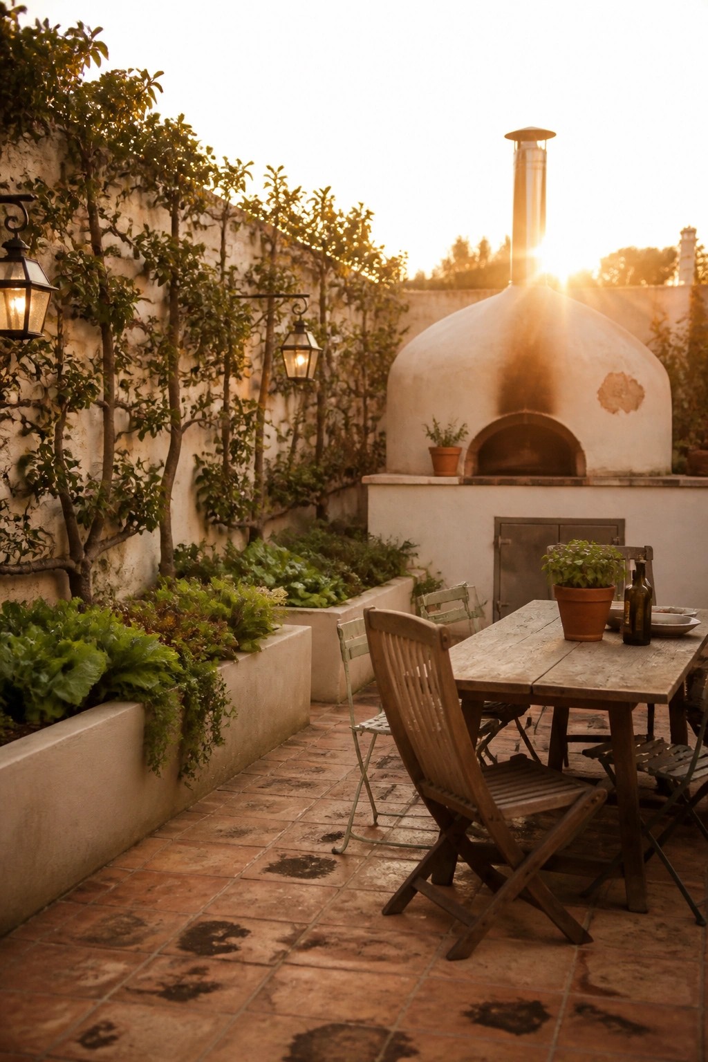 A wooden dining table and chairs on a terracotta tiled patio next to raised garden beds and a large white pizza oven.