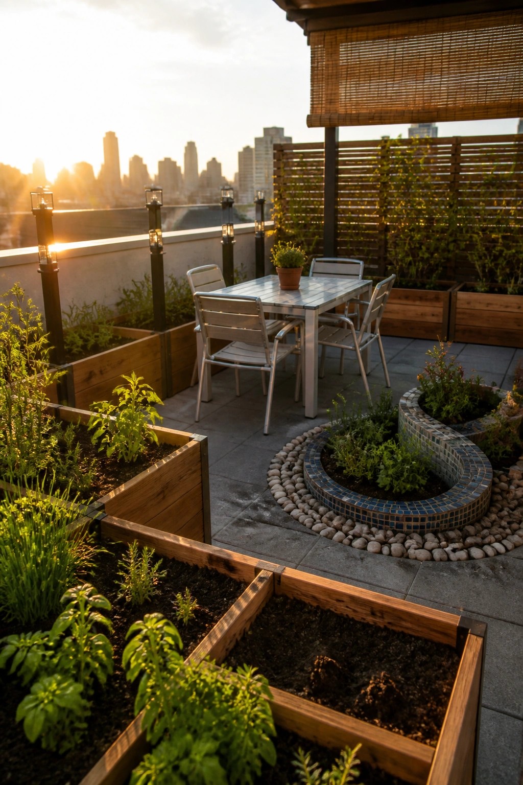 Rooftop garden patio with wooden planters, dining table, and city skyline at sunset