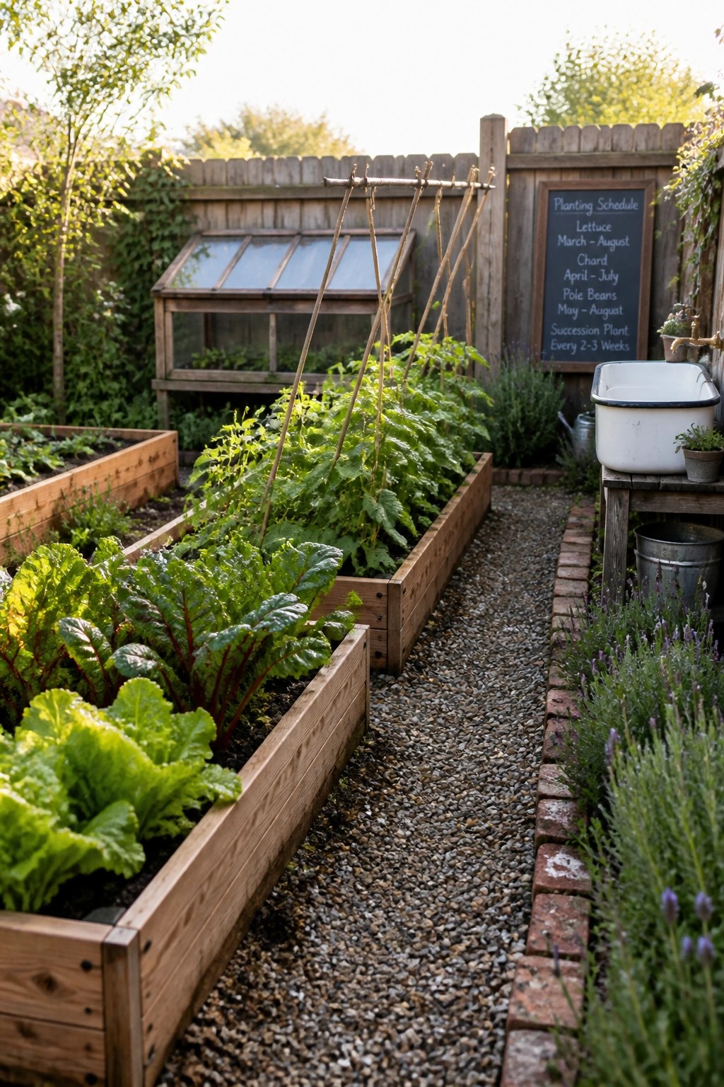 A backyard vegetable garden featuring wooden raised beds with leafy greens and climbing plants on wooden trellises, a gravel path between the beds, and a chalkboard planting schedule mounted on a wooden fence.