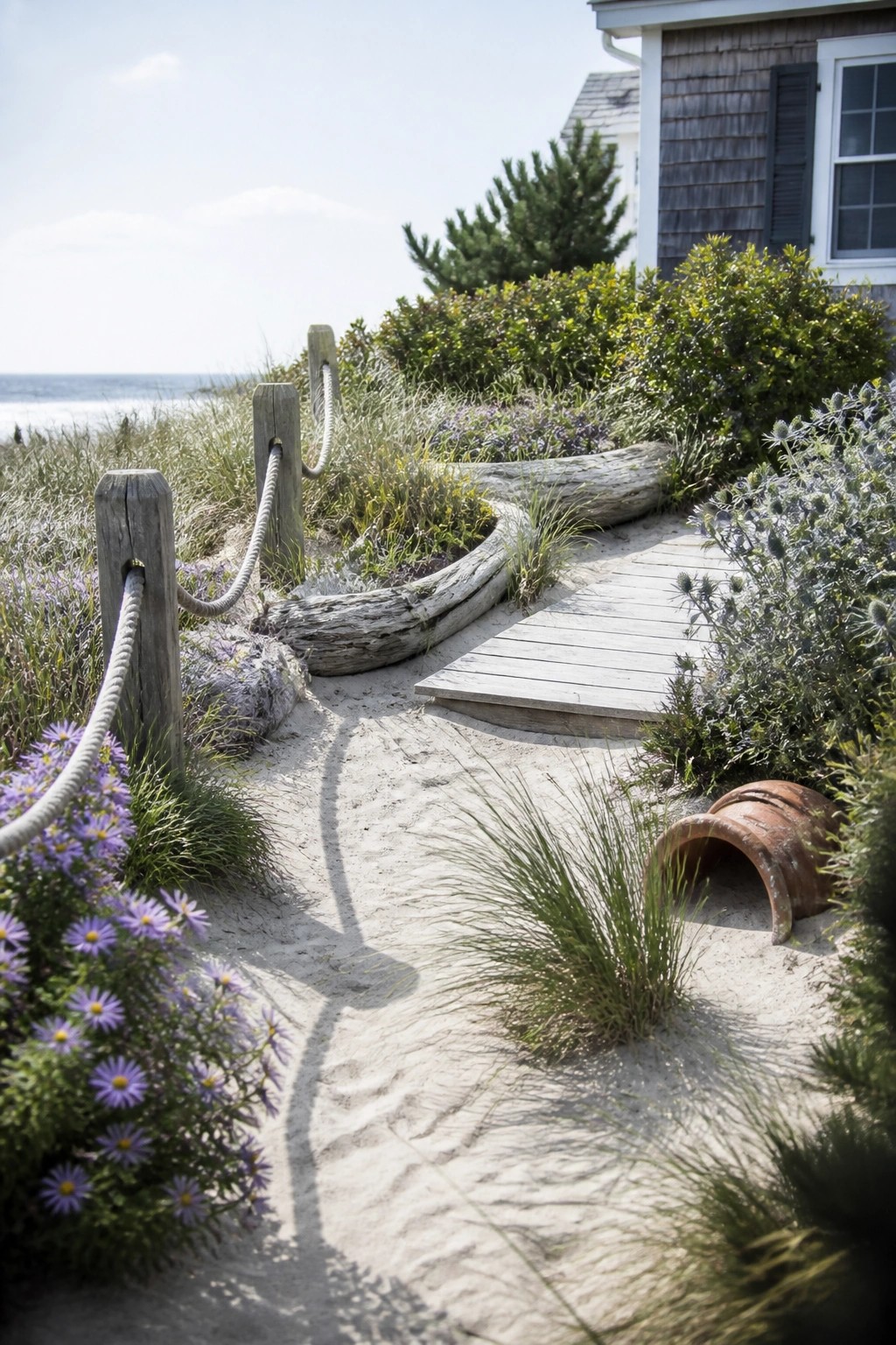 A sandy path lined with wooden posts and rope curves past plants and a wooden walkway toward the ocean, with a house visible on the right.