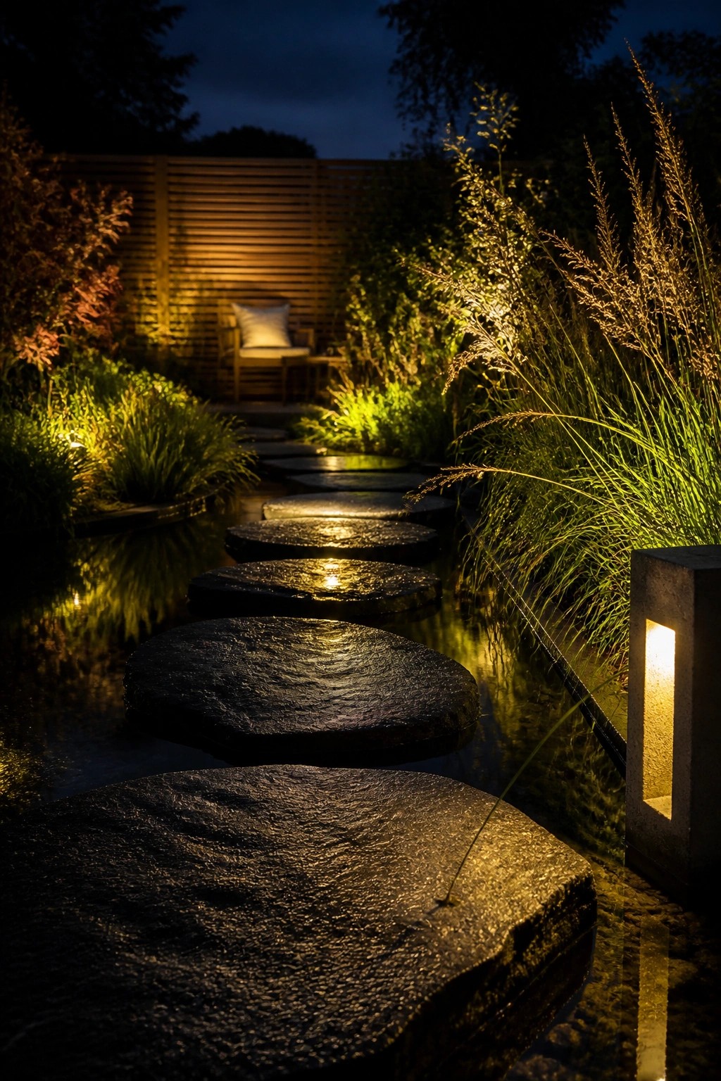 A nighttime view of large dark stepping stones crossing shallow water in a garden, with grasses along the edges and a lit stone lantern on the right.