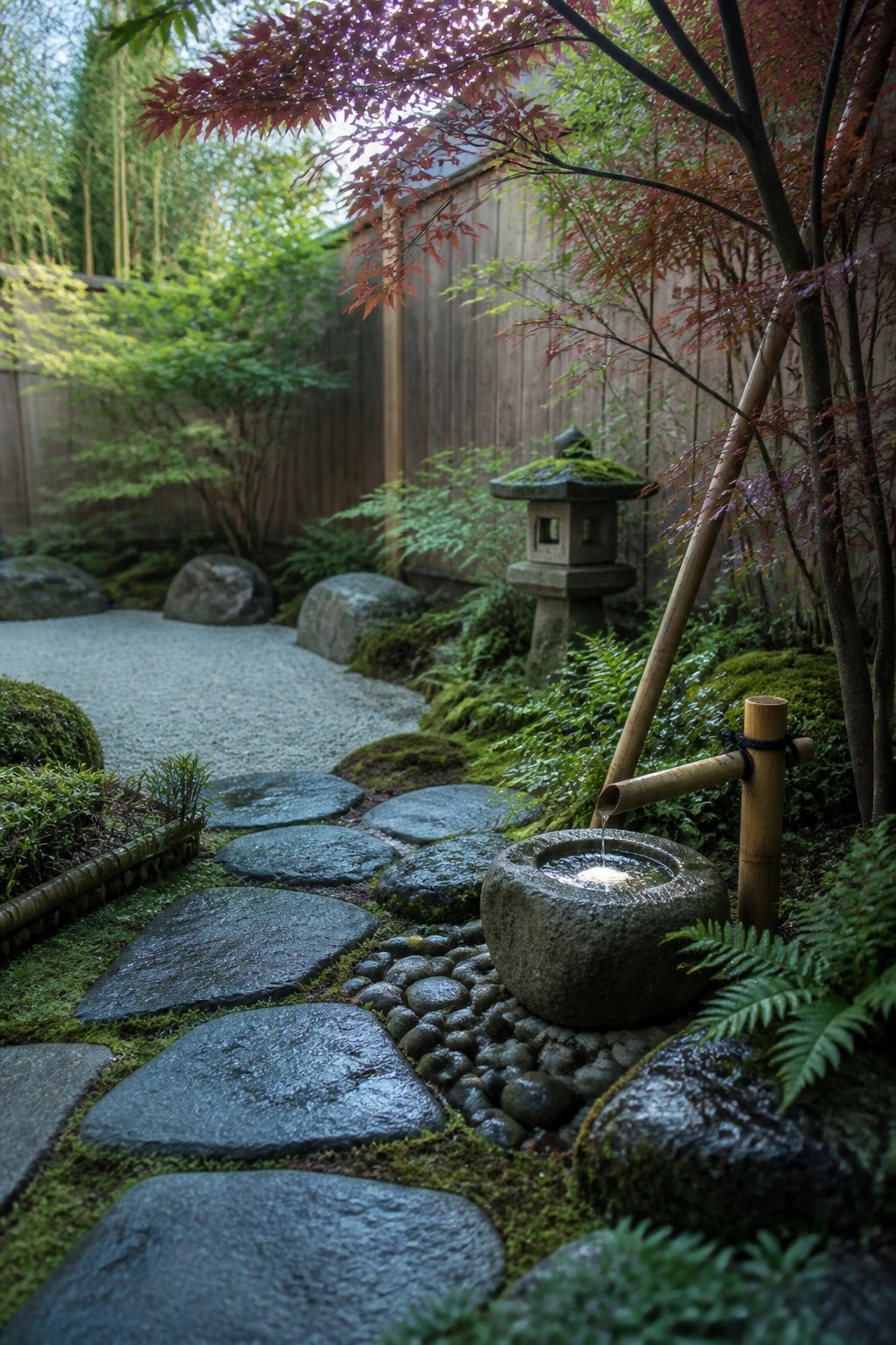 A winding path of large flat gray stones leads through a lush garden with moss, ferns, rocks, and a stone water basin fed by a bamboo spout.