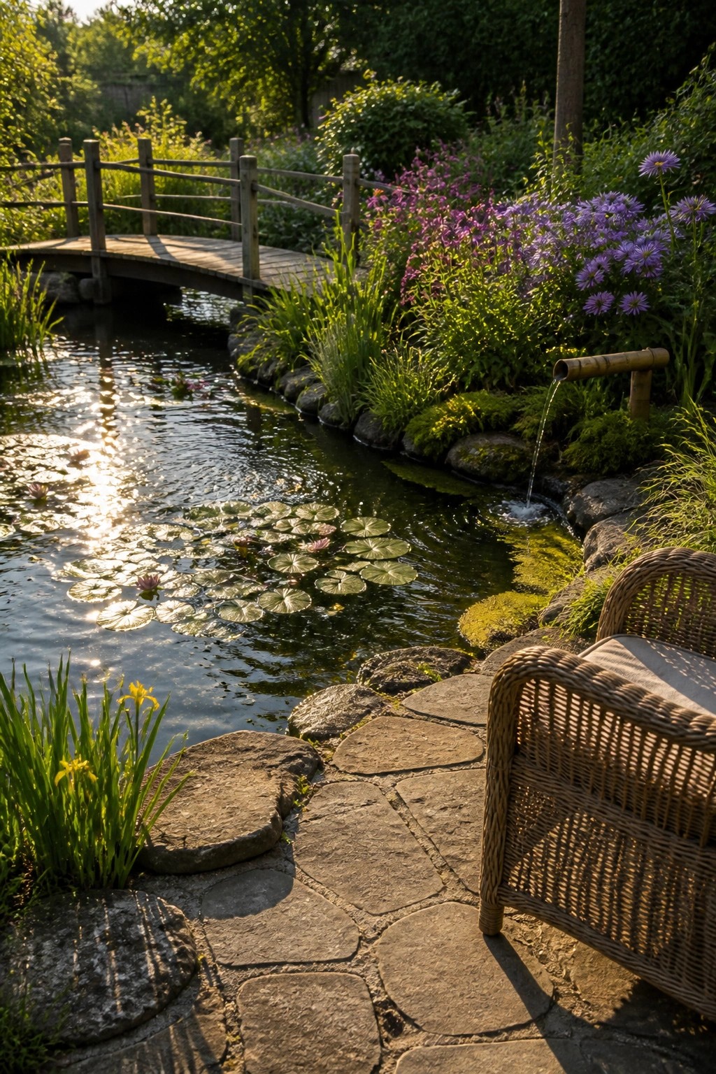 A garden pond lined with stones and lily pads, crossed by a small wooden bridge, with a stone path in the foreground and a bamboo water spout on the right.