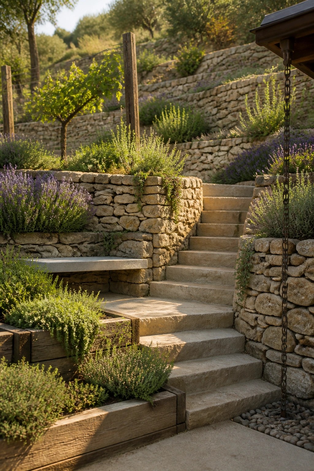 Stone steps ascend a terraced hillside garden bordered by low stone walls, with lavender and shrubs planted in both the terraces and wooden raised beds.