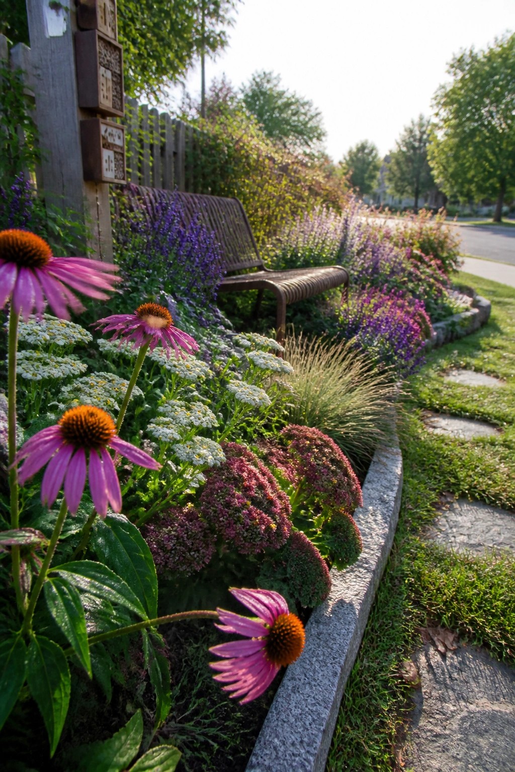 Vibrant garden with pink coneflowers, white blooms, bench, and stone path.