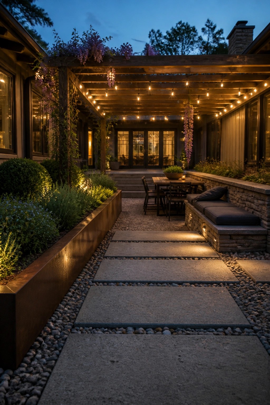 A backyard at dusk with a stone paver path set in gravel leading through garden beds to a patio dining area under a wooden pergola with string lights.