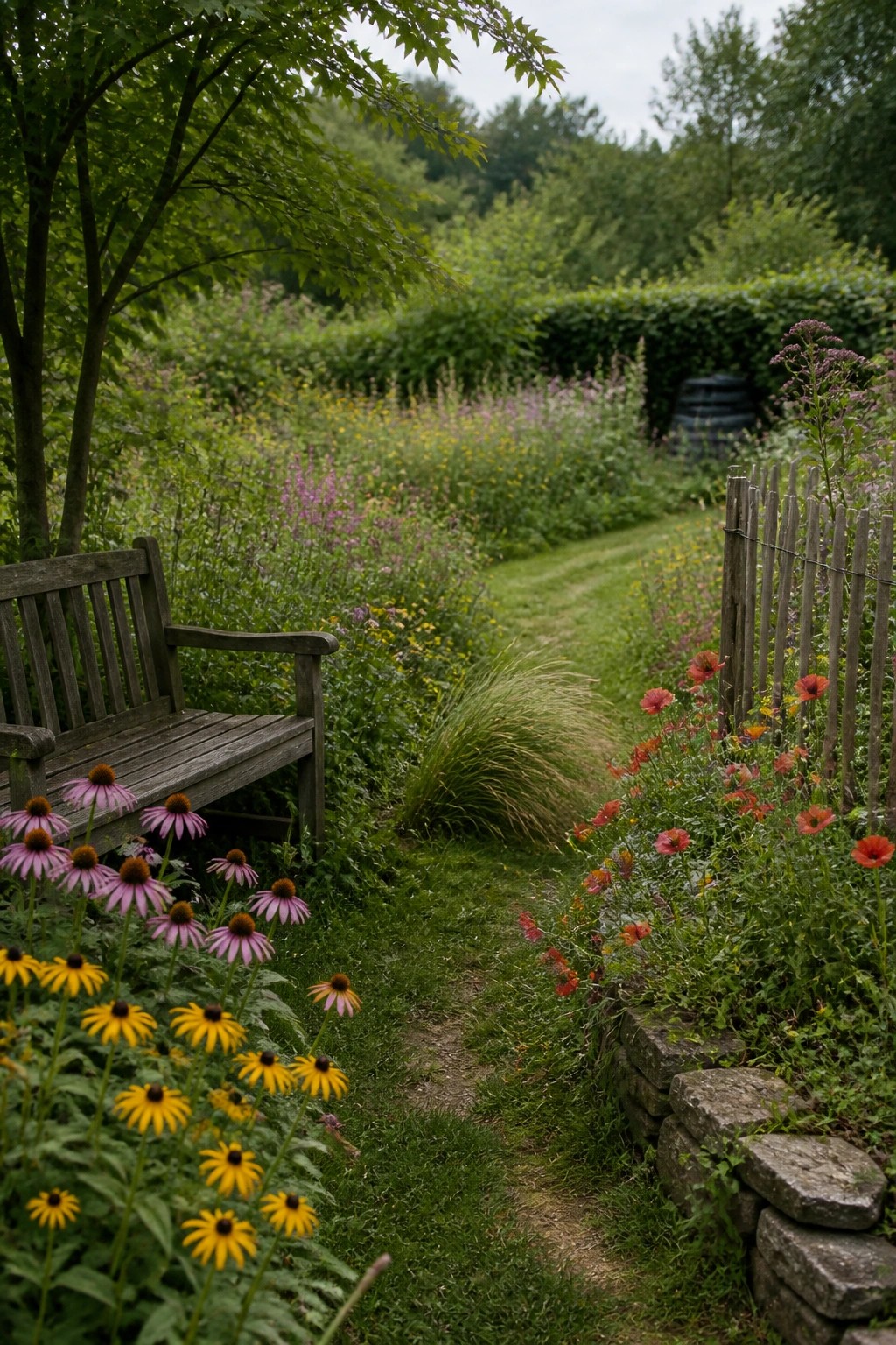 Wooden bench beside winding path lined with pink, yellow, and red wildflowers.