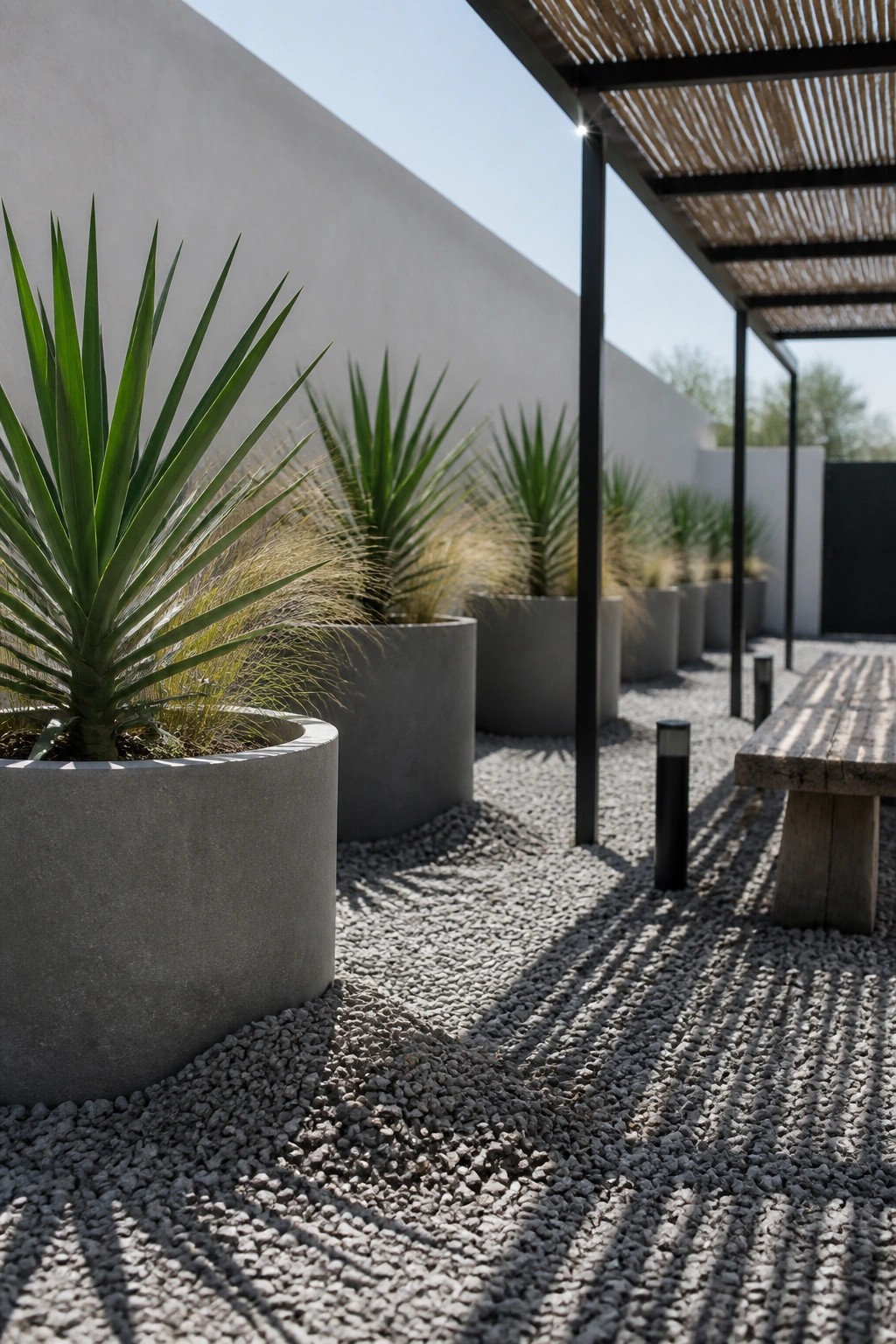 Modern courtyard with concrete planters, spiky green plants, gravel, and wooden bench.