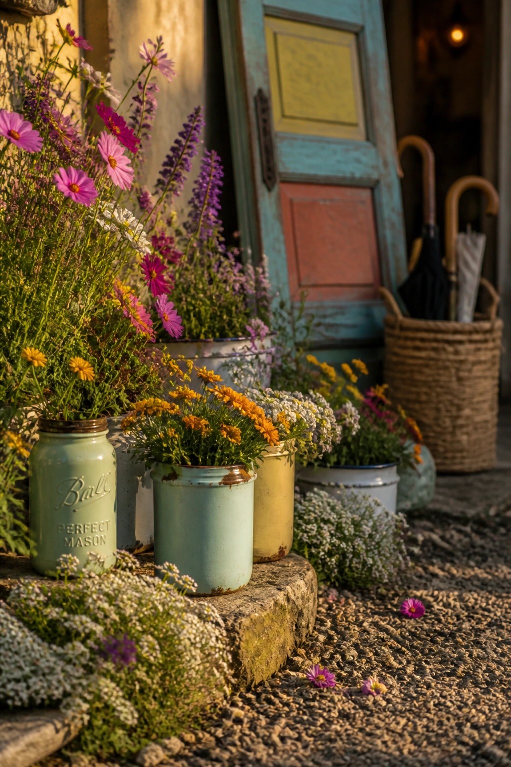 A group of colorful potted flowers in metal and ceramic containers sits on a stone step next to a gravel path in front of a weathered blue door.